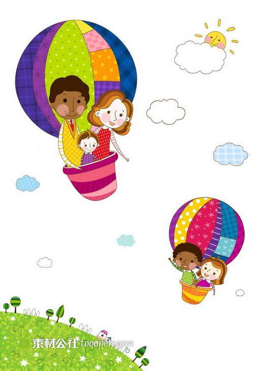 温馨的一家人坐在热气球上卡通素材-堆糖,美好生活