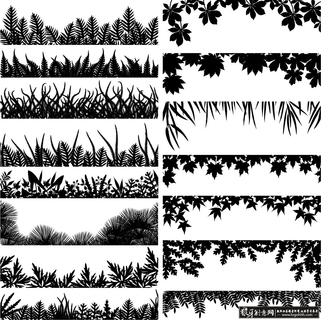 图标/标签 多种创意树叶剪影矢量素材,树叶花草剪影,枫叶,松树叶,叶子