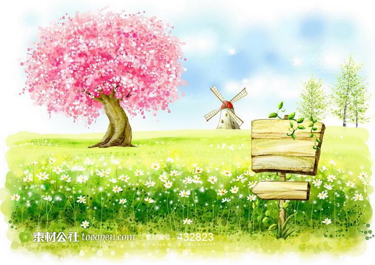 草地上的桃花树和木牌卡通素材