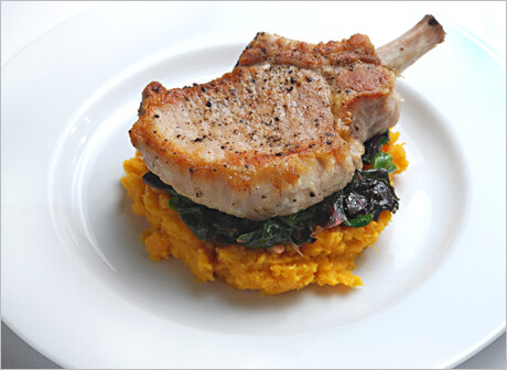 braised pork chops with sage, mashed sweet potatoes, sautéed