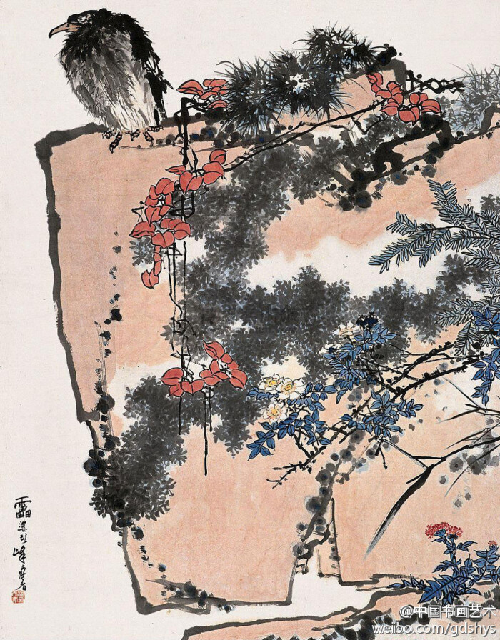 潘天寿《鹰石山花图》--- 此幅是潘天寿晚年艺术鼎盛期的杰作.