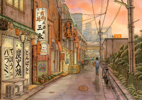 日式水彩小插画——街角