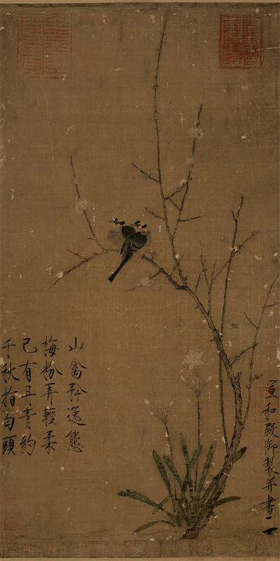 宋徽宗《腊梅山禽图》,绢本设色,立轴,现藏台北故宫博物院.