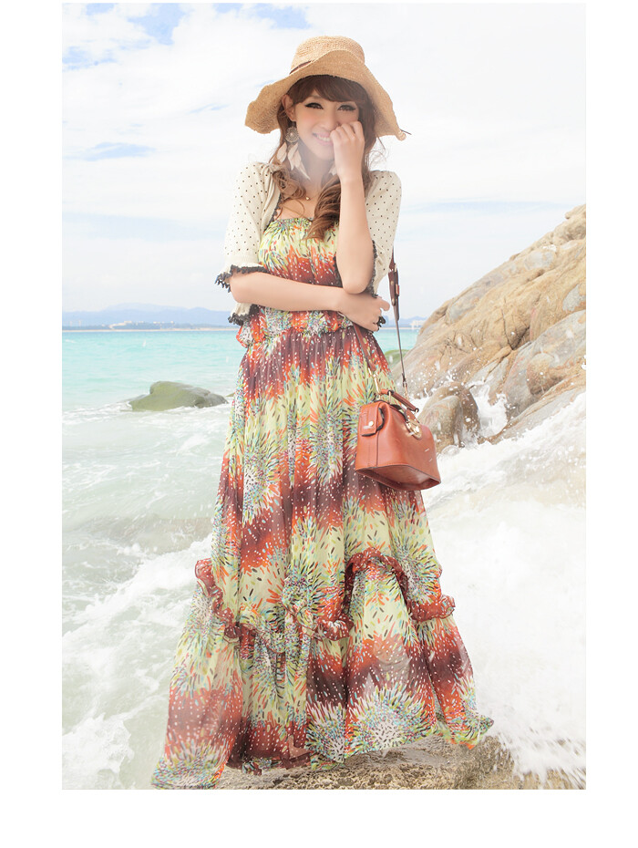 绚烂花雪纺皱抹胸长裙 波西米亚海边沙滩裙-堆