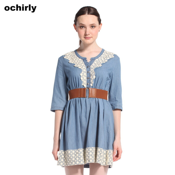 Ochirly欧时力新款女装夏装牛仔蓝色中袖连衣裙