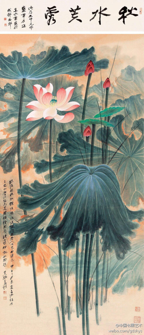 张大千《秋水芙蓉》--- 张大千的一生,花卉题材作品甚多,荷花尤为突出