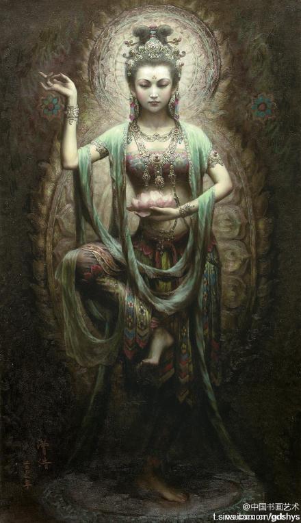 曾浩 敦煌系列油画 画家笔下的敦煌人物神态安详,美丽时尚,力求平易而