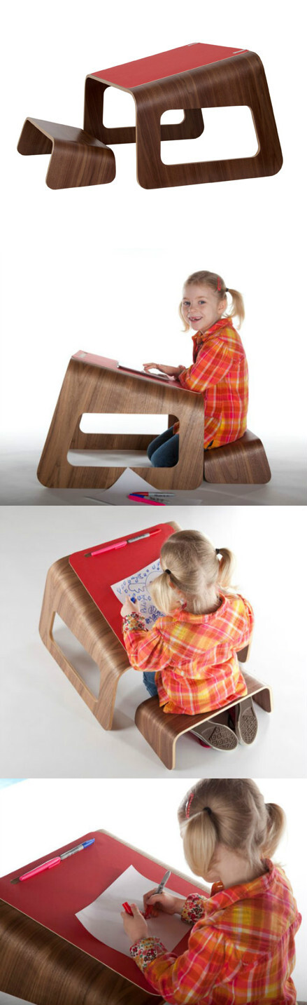 "跪下(knelt)"是一套专为儿童设计的桌椅,使用时孩子的两腿下跪,然后