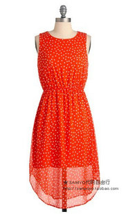 橙红色雪纺点点无袖不规则裙摆连衣裙-堆糖,美