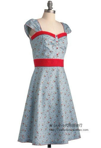 50年代蓝色全棉红色碎花连衣裙-堆糖,美好生活
