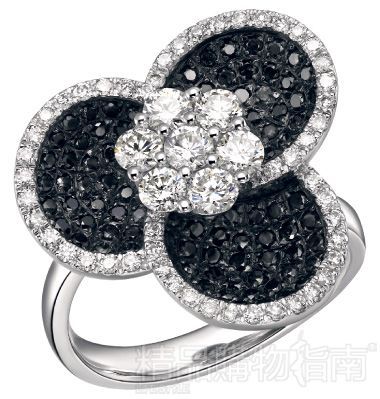 花朵型黑钻白钻石戒指 百利金
