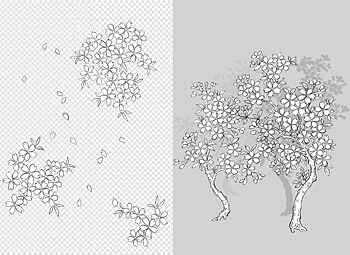 日本线描植物花卉矢量素材-41(樱花,古典背景)