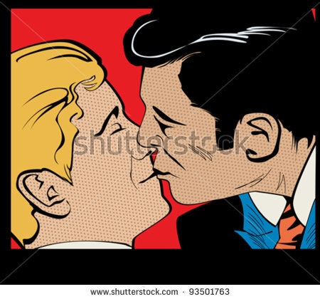 stock vector : pop art gay couple kissing, comic style graphic