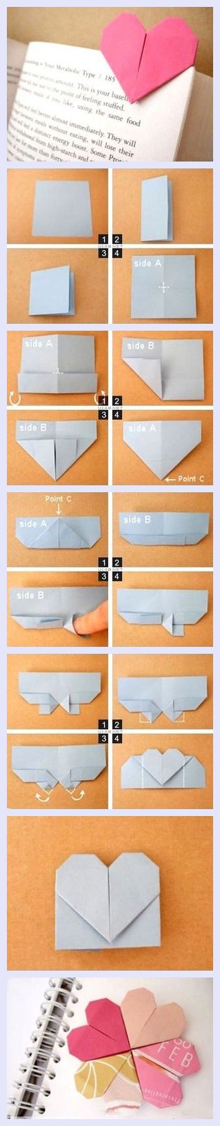 制作起来很方便,只需要一张正方形的彩纸,就可以折出这个爱心书签