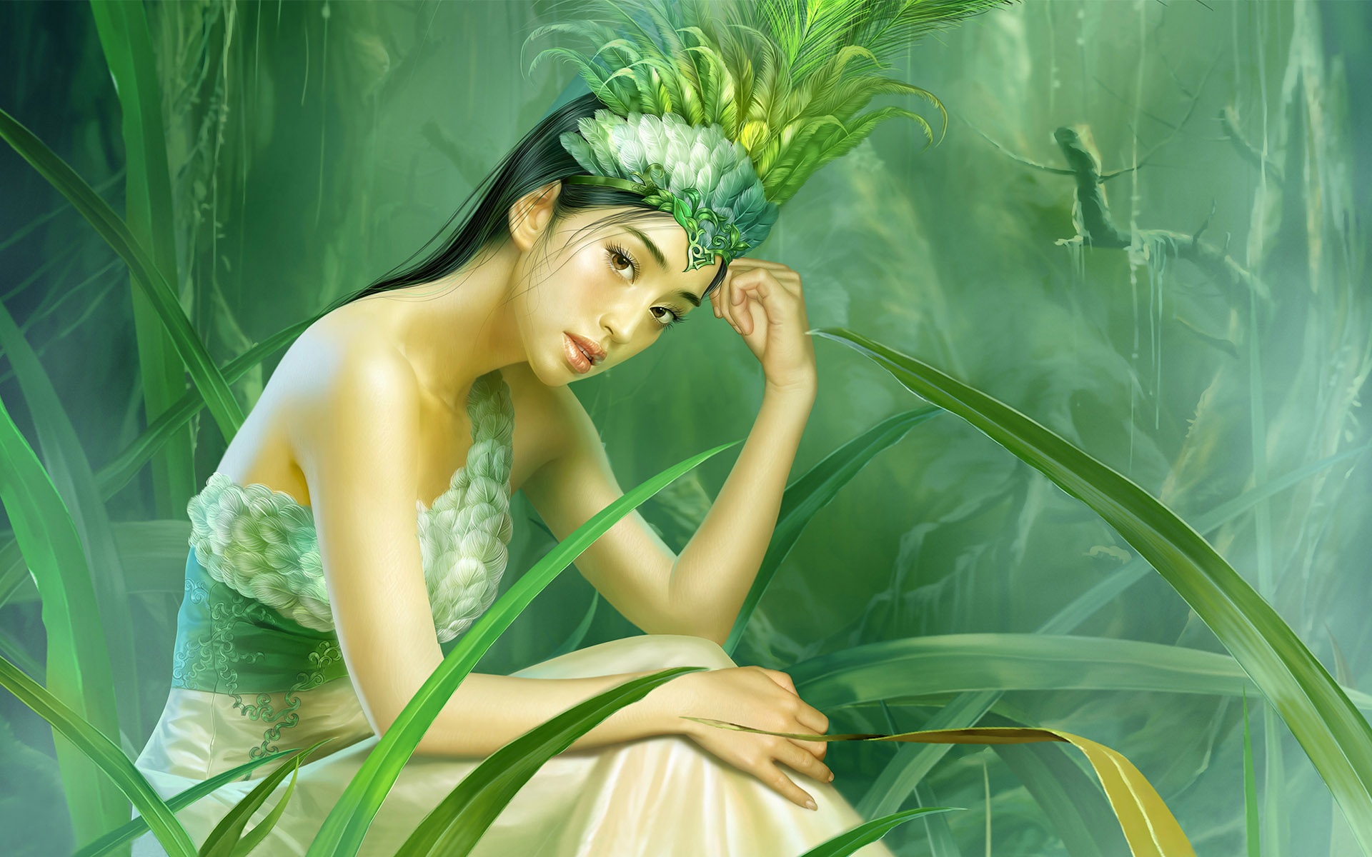 草丛中的绿衣女孩 壁纸 - 1920x1200