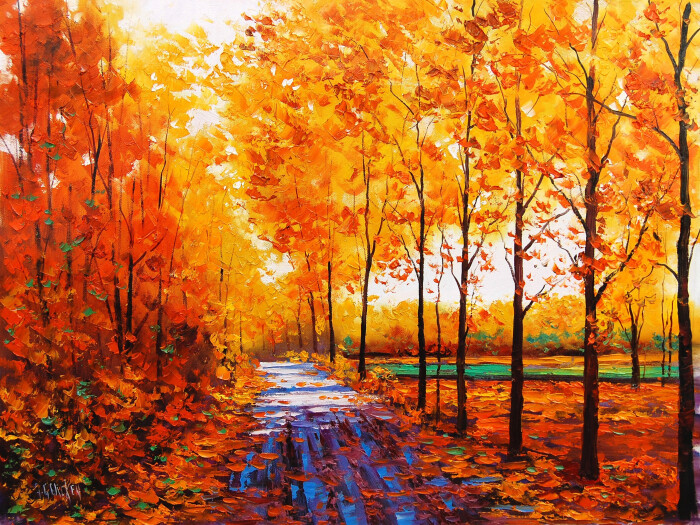 艺术水彩画,秋天的红色枫树林与林中小路 壁纸 - 2560x1920