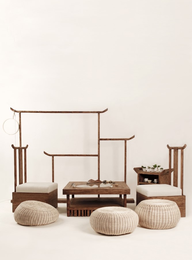 《素舍》系列家具设计由七部分组成:曲水——桌,直木——椅,竖枝