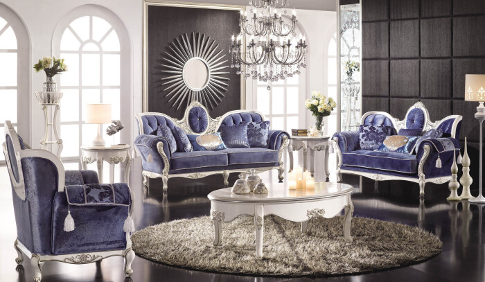 蓝色新古典沙发,法式宫廷造型,精美镂空雕花~ 地中海浪漫~ 欧式后现代