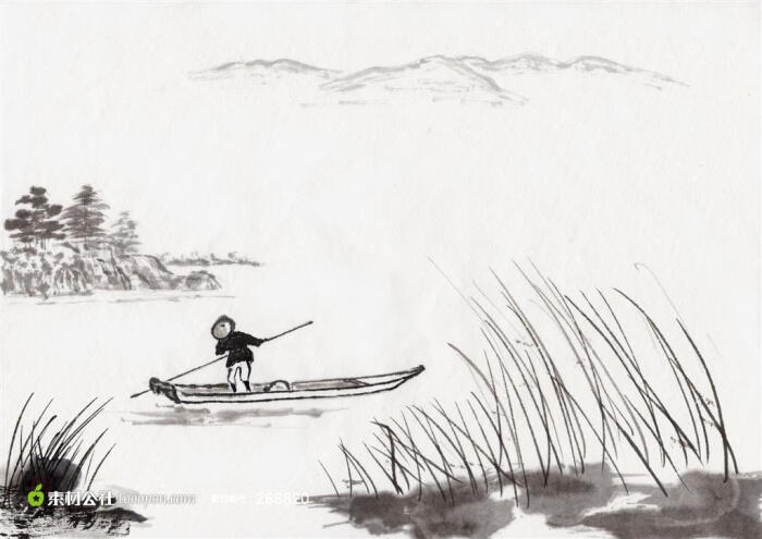 水墨国画-湖泊小船艺术设计图片素材
