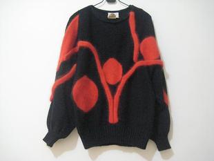 vintage复古着尖货红黑抽象立体兔毛图案毛衣