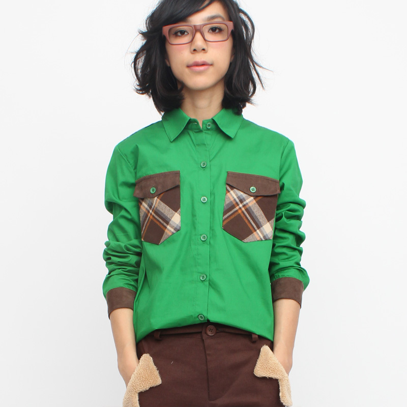 tyakasha塔卡沙系列:绿色拼接咖啡色格子衬衫(女款)