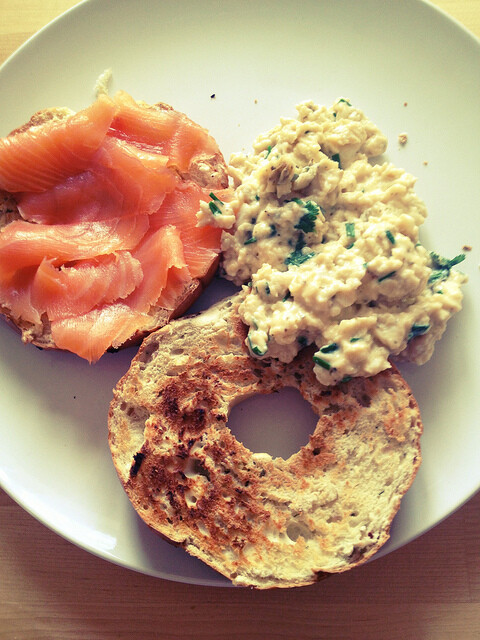 smoked salmon, scrambled egg, bagel