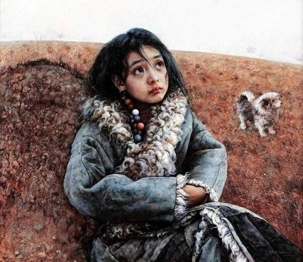 油画藏族少女