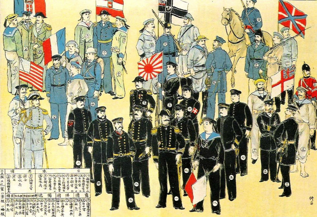 明治三十三年(1900年)日本所绘八国联军图,日本(中),英国(右下),俄国
