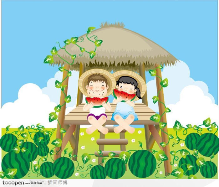 游玩儿童插画-西瓜田里坐在瓜棚里吃西瓜的男孩女孩人物插画矢量图