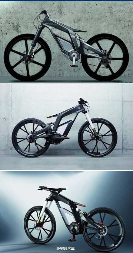 【奥迪 e-bike】该自行车采用碳纤维材料,总重约21kg,外观时尚前卫并