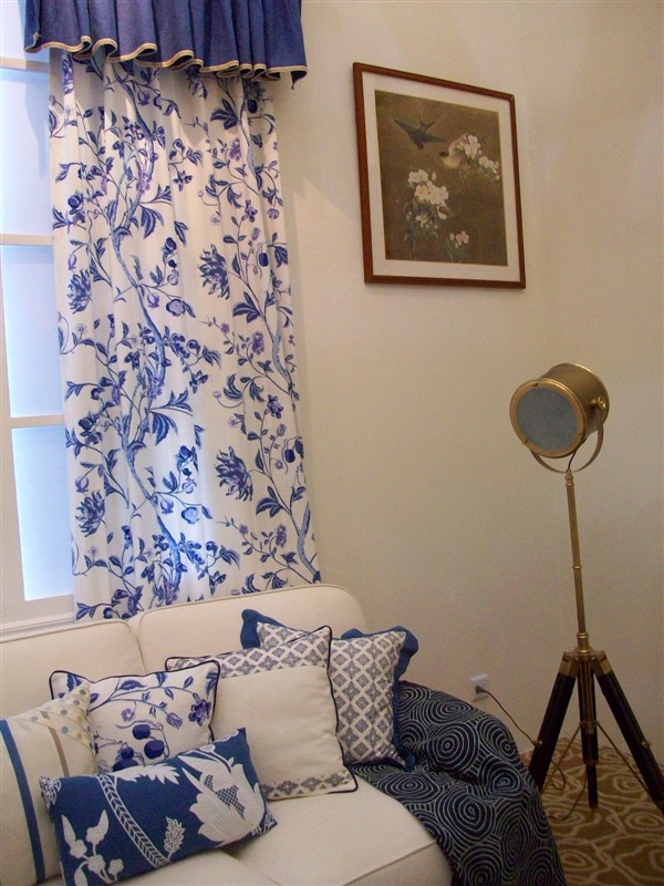 明润青花瓷系列亚麻印花布料定做窗帘/窗幔