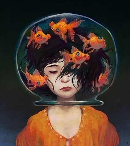 插画 头像.淹没.女孩.金鱼.