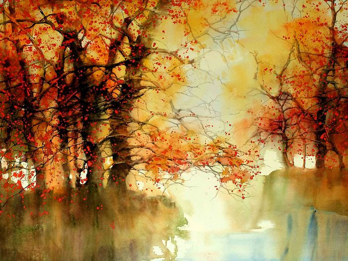 冯正梁水彩:枫树的秋色,这一组"湖上秋色"的唯美水彩画,用丰富跳跃