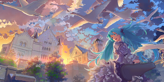 neuschwanstein p站 二次元 原创 初音未来 云 miku 天空 miku的世界