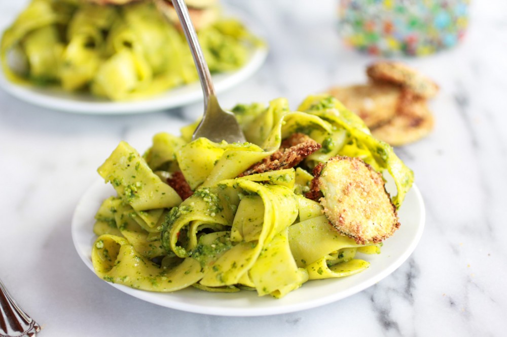 fried zucchini   mint and pistachio pesto pappardelle pasta