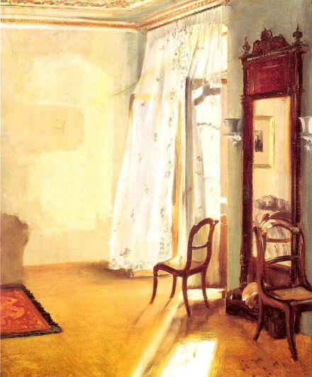 德国素描大师门采尔的油画写生稿,"有阳台的卧室",画作笔法流畅,色彩