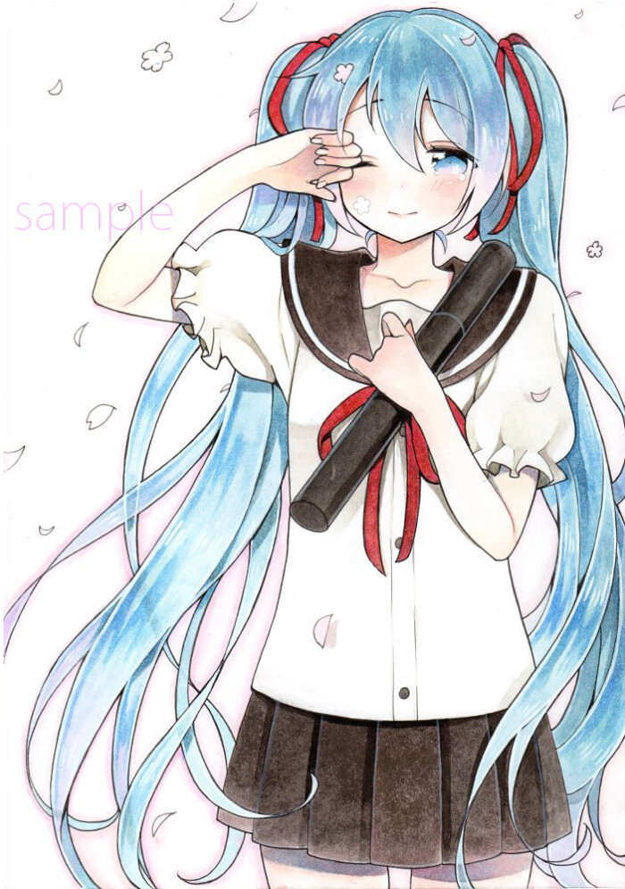 p站 二次元 插画 少女 头像 手绘 初音未来 miku 樱花