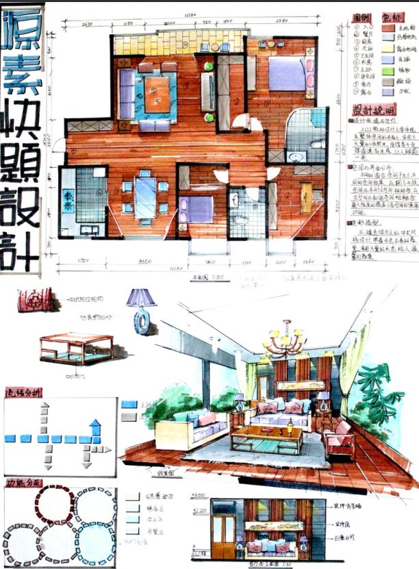 绘晨手绘 室内效果图 室内手绘效果图 客厅效果图 室内手绘快题设计