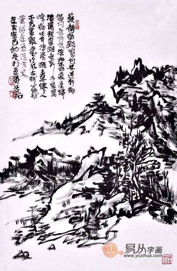 其焦墨山水画"以书入画,特别是以草书的笔法入画,笔走龙蛇,纵情挥洒