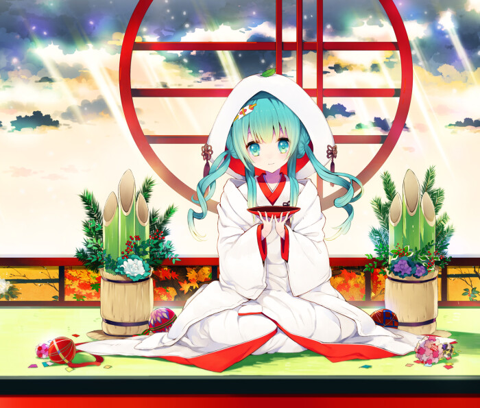 谨贺新年 p站 二次元 插画 少女 头像 手绘 初音未来 miku 壁纸 白