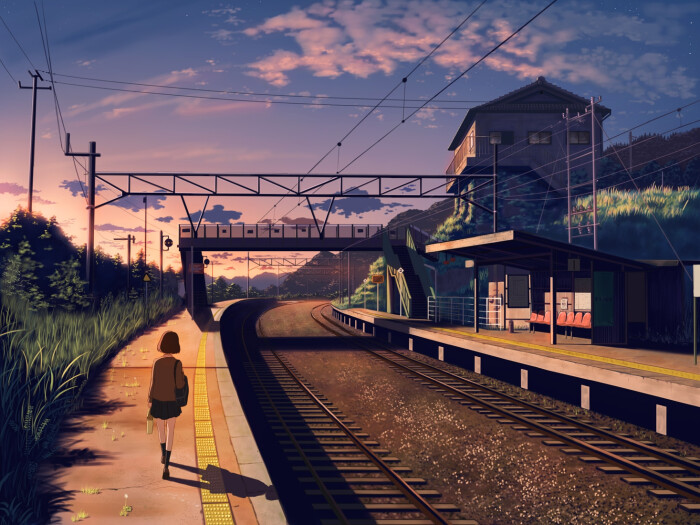 夕阳西下,我走在站台上,走在回家路上.