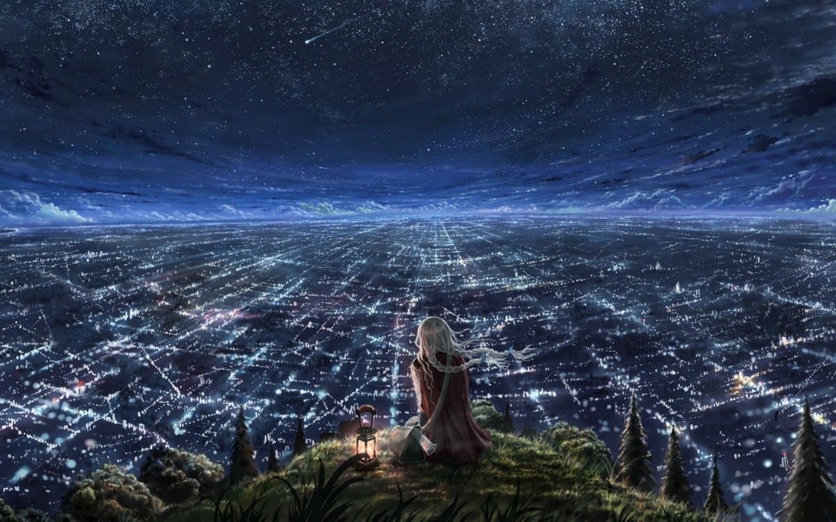 唯美 动漫 风景 场景 夜景 星空 夜空 城市 手绘 p站 高处 壁纸 少女