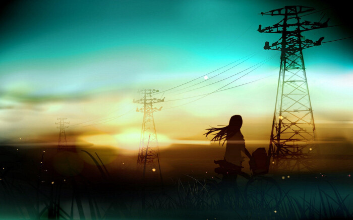 二次元 动漫 插画 夕阳 黄昏 傍晚 少女 唯美 壁纸 风景 场景 手绘