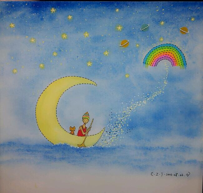 月亮 船夜 浪漫 插画 儿童画 水彩画