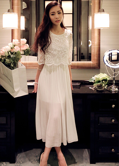 气质长裙连衣裙夏装2014潮韩版大码女装白色蕾丝短袖欧根纱雪纺裙