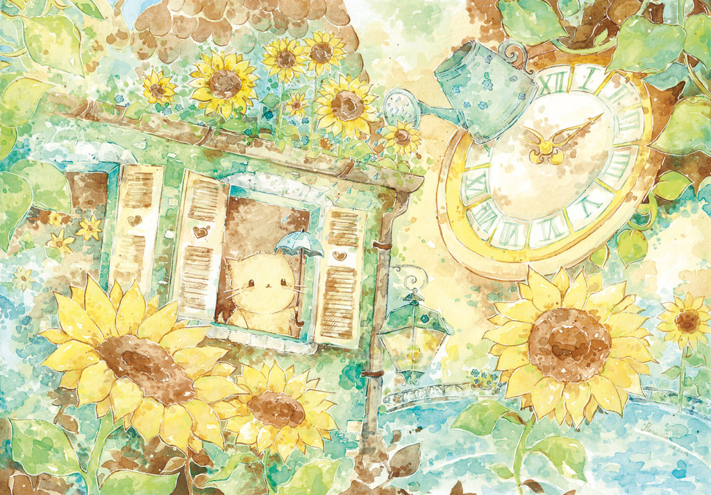 插画手绘 水粉画 猫 向日葵 花 植物 手机壁纸