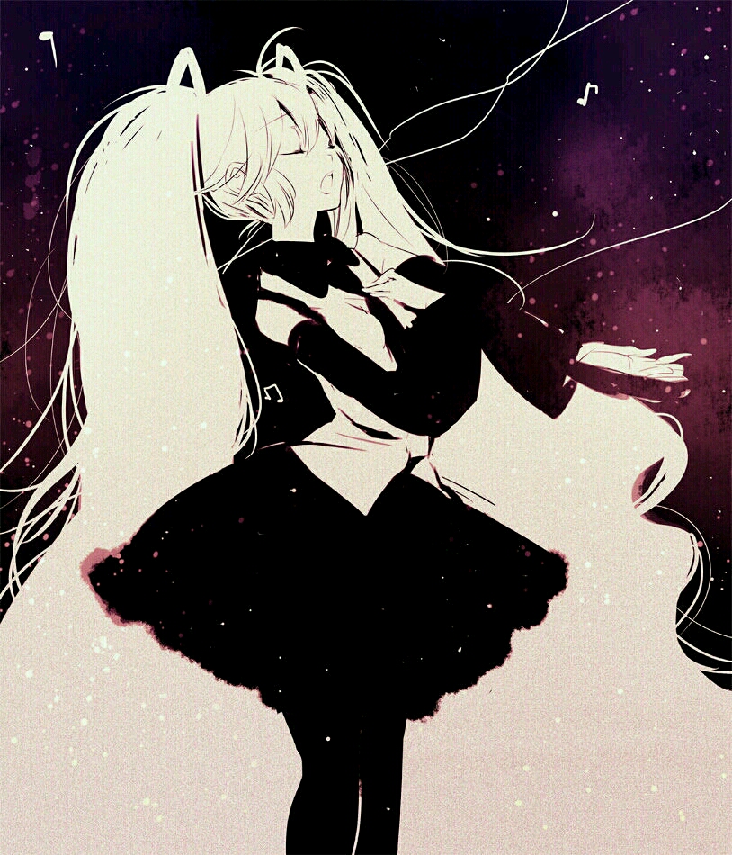 v家 插画 黑白配 初音未来!少女