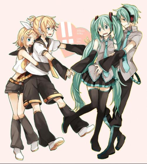 v家 初音 镜音双子 有爱 萌萌哒 插画 情侣!