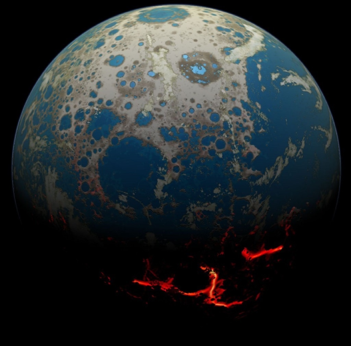 这张图片呈现了在四十亿年前,冥古代 (hadean)时的地球.