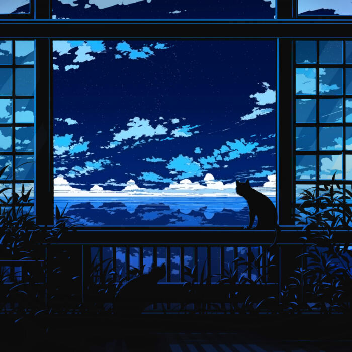 p站 插画 原创 场景 壁纸 窓 窗户 猫 蓝色 美丽 画师:矶部トースト_3